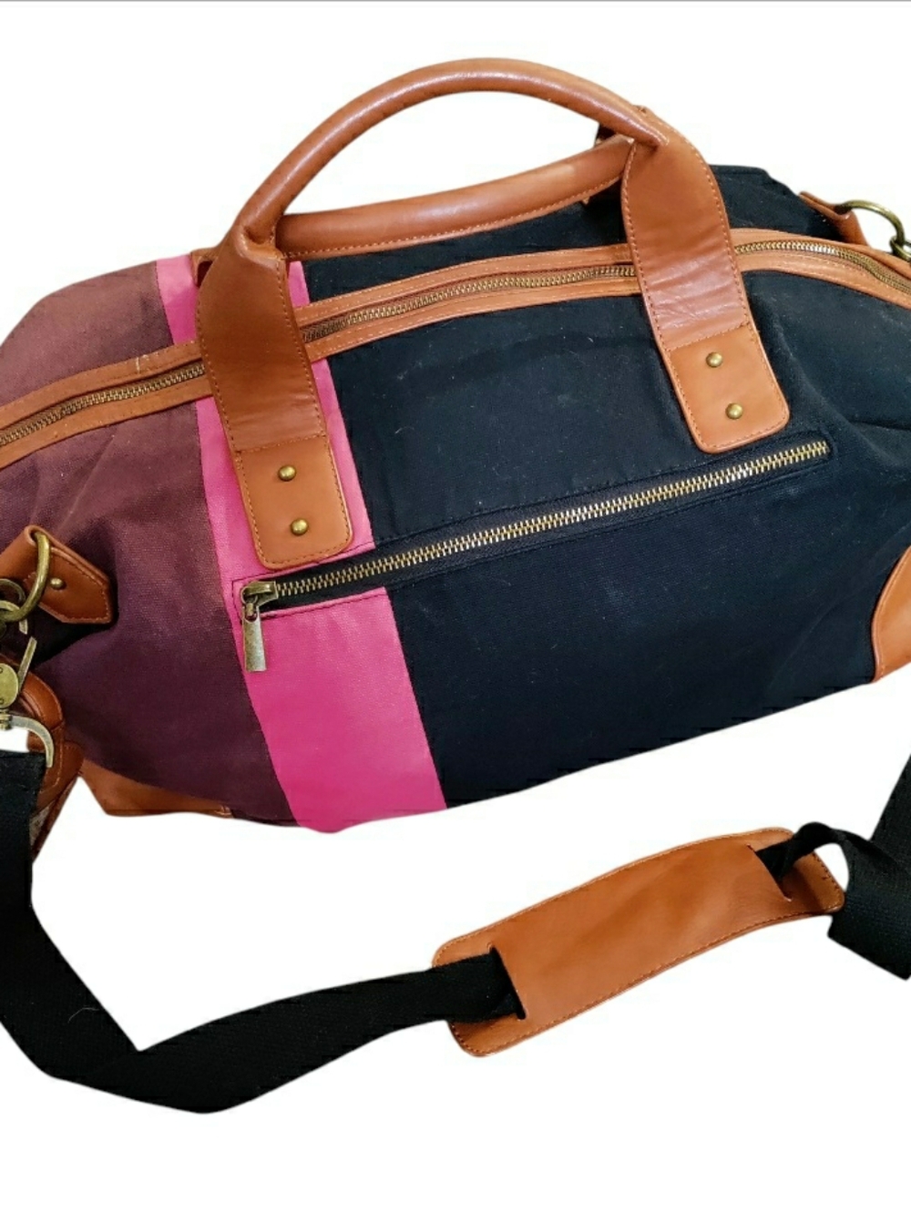 Y2K Merona Canvas Weekender Bag Duffel Stripe Large Faux Leather Travel Gym